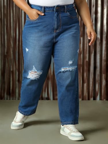 Image of High Star Plus Size Women Cotton Washed Mom Fit High-Rise Jeans