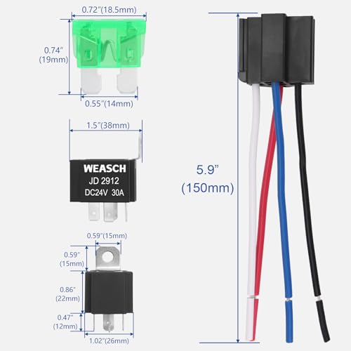 Weasch 2Pack Fuse Relay Switch Kit, 24V 30A, 4 Pin SPST, 30A Switch Harness Set, Automotive Electrical Relays with 14 AWG Wires (2) - Thumbnail 6