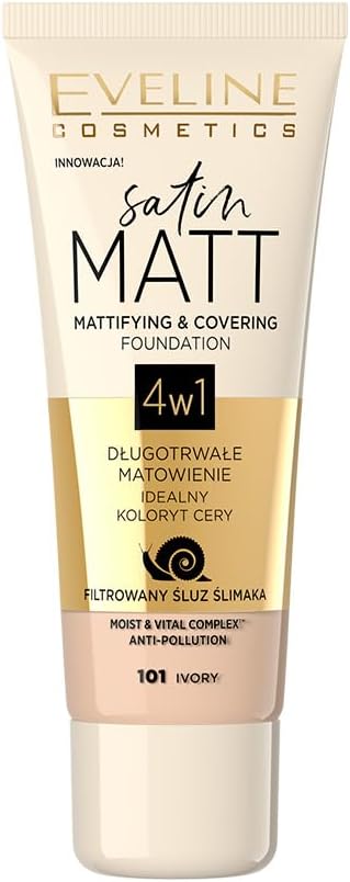 Eveline Cosmetics Satin Matt Foundation | For Mattifying & Full Coverage | Skin Smoothing & Minimize Pore Look | 103 Natural | 30 Ml