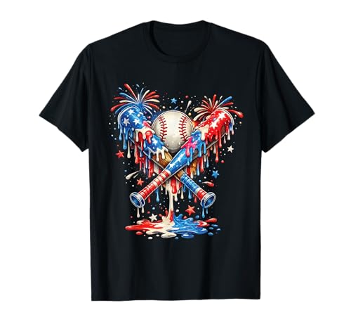 Baseball Drip Ice Cream Patriot American Flag 4th of July T-Shirt