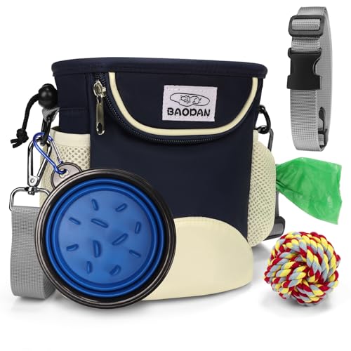 Baodan Dog Treat Pouch Bag for Dog Training Dog Walking Bag with Poop Bag Holder Collapsible Bowl & Dog Rope Toy Dog Bag for Walking and Training