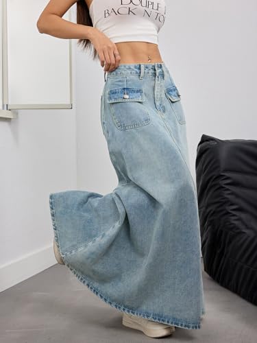 ebossy Women's Vintage Mid-Rise Multi-Pockets Flared Long Jean Skirts Pleated Flowy Swing A-line Denim Maxi Skirts4
