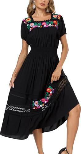 Image of Women's Summer Maxi Dress Casual Floral Embroidered Round Neck Short Sleeve Ruffle Tiered Dress Flowy Boho Beach Sundress