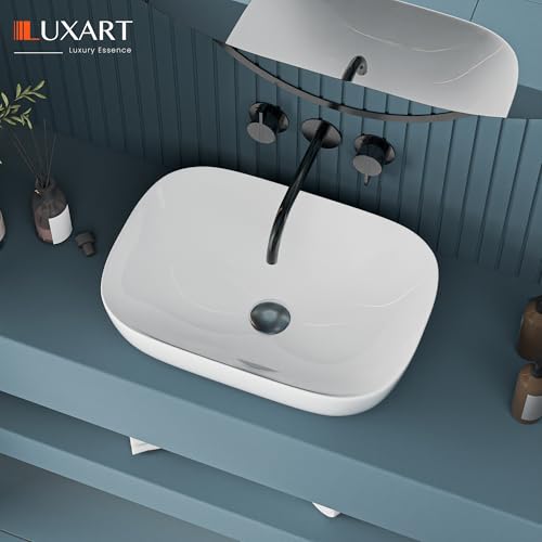 Image of LUXART Ceramic White Table Top Vessel Sink |18 x 13 x 6 Inc Wash Basin Over Counter Top Wash Basin | Tabletop Bathroom Kitchen Sink For Bathroom & Living Room