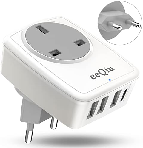 UK to EU Euro Europe Plug Adapter with USB C and 3 USB Ports, eeQiu 5 IN 1 European Travel Adapter for Italy Switzerland Germany Spain Iceland Netherlands Greece Russia Netherlands and more (Type C)