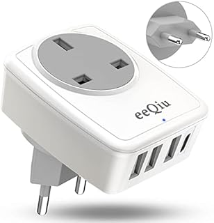 UK to EU Euro Europe Plug Adapter with USB C and 3 USB Ports, eeQiu 5 IN 1 European Travel Adapter for Italy Switzerland Germany Spain Iceland Netherlands Greece Russia Netherlands and more (Type C)