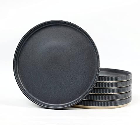 famiware Salad Plates for 6, 8 inches Plate Set, Scratch Resistant, Stoneware Dinnerware, Kitchen Modern Rustic Serving Dishes, Black Matte