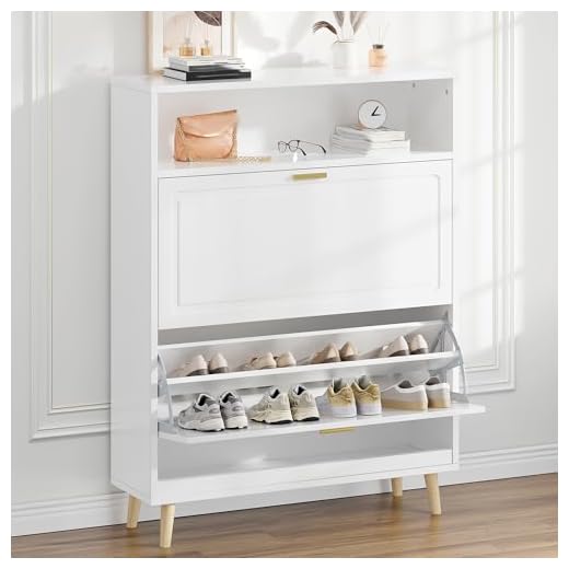 EnHomee Shoe Cabinet White Shoe Storage Cabinet for Entryway Slim Freestanding Narrow Shoe Cabinet with 2 Flip Drawers Entryway Wood Tipping Bucket Shoes Organizer Cabinet with Doors Open Shelves