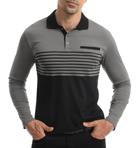 Image of Suwangi Mens Polo Long Sleeve Casual Shirts Long Sleeve Polo Collar Shirt Color Block Striped T-Shirt Grey