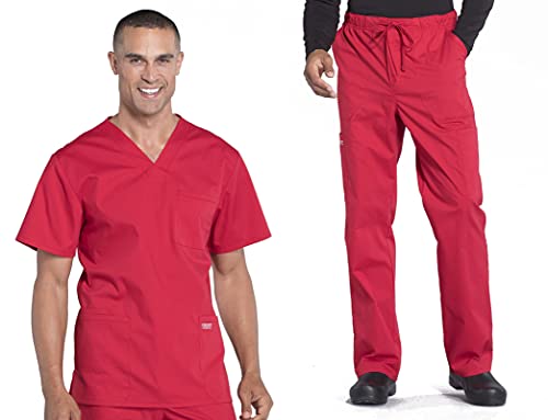 Men Scrubs Set Workwear Professionals WW695 V-Neck Top & WW190T Tapered Leg Fly Front Cargo Pant, Red- M Top/M Tall Pant