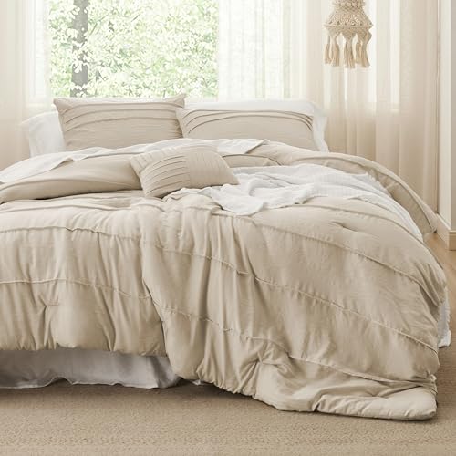Image of Bedsure California King Comforter Set - 4 Pieces Pinch Pleat Bed in A Bag, Linen Boho Bedding Sets for Summer, 1 Soft Comforter, 2 Pillowcases, 1 Decorative Pillow