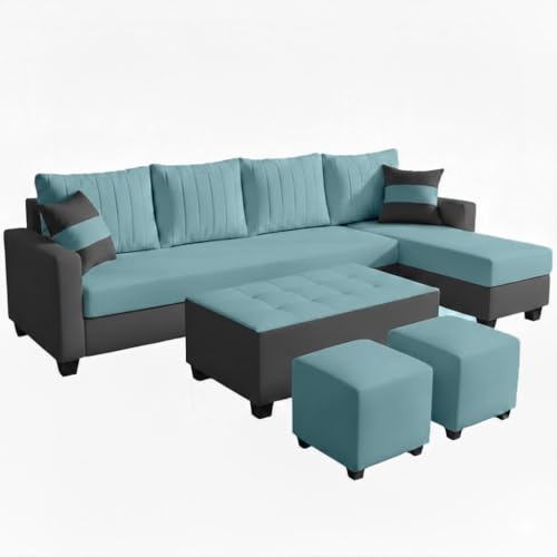 Image of FURNY Avenue 8 Seater Fabric RHS L Shape Sofa Set with 1 Centre Table & 2 Puffy (Sky Blue-Dark Grey) Premium Velvet Finish