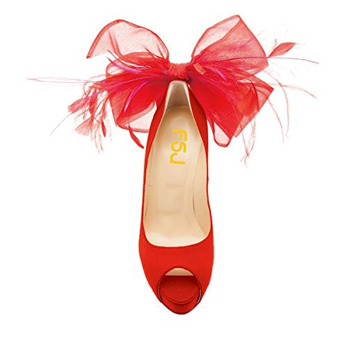 FSJ Women Stylish Peep Toe Pumps with Platform High Heels Stilettos Beauty Mesh Feather Flower Bowknot Decor Slip On Party Dress Bridal Shoes Size 4-15 US4