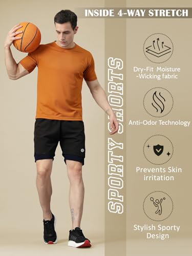 Image of CHKOKKO Double Layered Gym Shorts for Men Workout | Compression Inner Layer with Pockets Across Inner Outer and Back | Dry Fit Sports Athletic wear for Running Jogging or Training