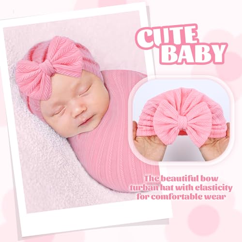 Image of Cinaci 4pcs Pink Soft Nursery Newborn Baby Receiving Swaddle Blanket with Matching Turban Hat Bow Headbands Floral Nylon Headbands for Baby Girls Newborn Infants