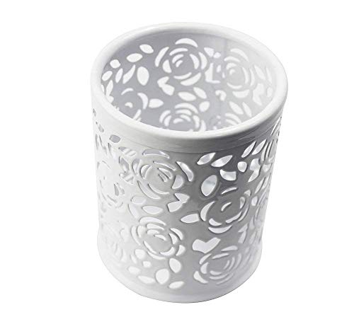 Yeeda Hollow Rose Flower Pattern Pen Holder,Cylinder Cosmetic Make Up Brushes Metal Pencil Pot Organizer Stationery Container (White) #TOP2