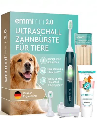 emmi-pet 2.0 Ultraschall-Zahnbürste, Geräuschlose Hundezahnbürste ohne Schrubben mit 96 Mio. Schwingungen - beugt Zahnstein & Entzündungen vor – Inkl. Ultraschall-Aufsätze & Hundezahnpasta – Grün