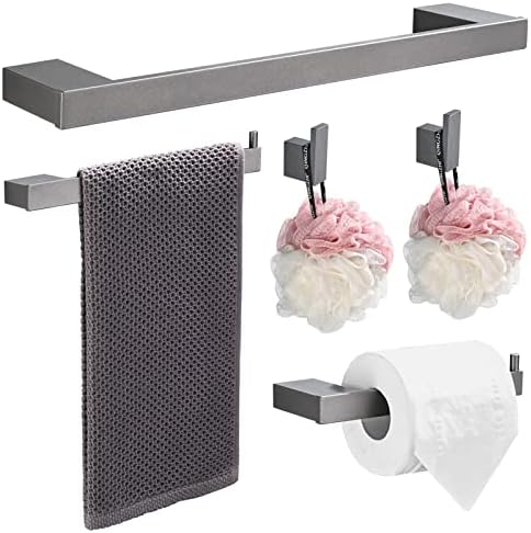 HANFU Towel Rails Bathroom Hardware Set, 5 PCS Aluminium Bathroom Accessories Set 40cm Bath Towel Bar, 2 x Toilet Paper Holders and 2 x Robe Hook, Wall Mounted Suitable for Bathroom Kitchen, Grey