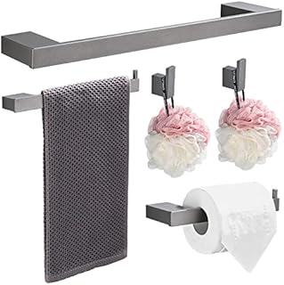 HANFU Towel Rails Bathroom Hardware Set, 5 PCS Aluminium Bathroom Accessories Set 40cm Bath Towel Bar, 2 x Toilet Paper Holders and 2 x Robe Hook, Wall Mounted Suitable for Bathroom Kitchen, Grey