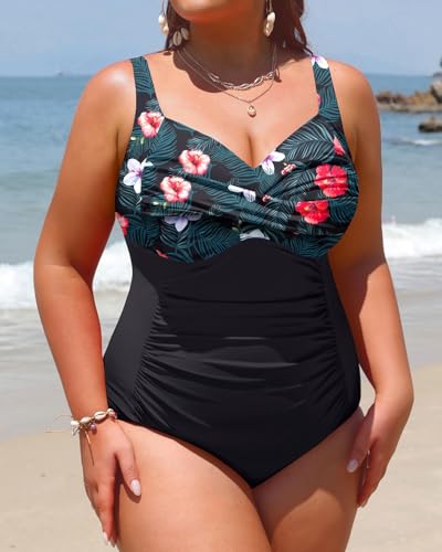 Image of Women Plus Size One Piece Swimsuits Tummy Control Twist Front Bathing Suit | Unremovable Bra, Sweetheart Neckline, Wide Adjustable Straps, Ruched Stomach, Side-Splicing Design, Full Coverage Bottom