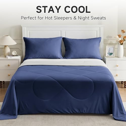 Image of HOMFINE Cooling Comforter Japanese Double-Sided Cold Tech Fabric Cooling Blanket for Night Sweats Hot Sleepers, Q-Max 0.45 Soft Breathable Silky Smooth Lightweight Dark Blue Summer Comforter King
