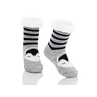 Century Star Girls Slipper Socks with Grippers for Kids Fleece Lined Fuzzy Warm Socks Boys Christmas Cute Animal Socks Winter Stockings for Baby Black Penguin 8-12 Years