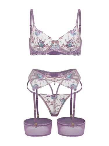 Image of Lilosy Sexy Leaf Floral Embroidered Mesh Sheer Belt Women Underwire Push Up Lingerie Set See Through Bra Panty 3 Piece Bloom Lilac Purple Large