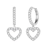 FANCIME 14K Solid White Gold Pave 0.46 CTTW Diamond Heart Dangle Huggie Hoop Earrings Dainty Delicate Fine Jewelry Valentines Day Gifts for Her Mom Women Girlfriend Wife