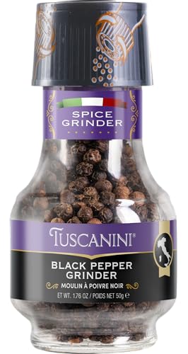 Tuscanini Black Pepper Spice Grinder, 1.76oz | Premium Easy Grip Glass Jar | No Fillers | Product of Italy | Kosher