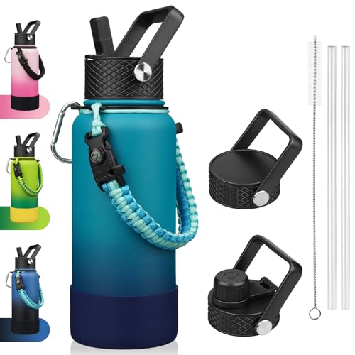 Image of BJPKPK 32oz Insulated Water Bottle with 3 Lids, Straw Lid & Handle