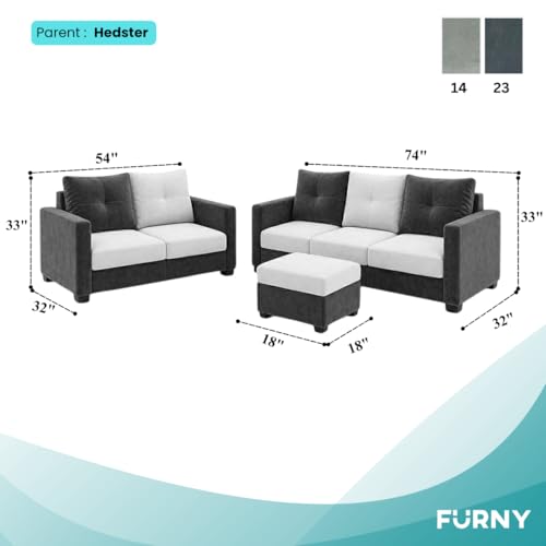 Image of FURNY Amonster 3 Seater + 2 Seater Fabric Sofa Set with 1 Ottoman (Dark Gray - Light Gray) with Velvet Finish | Durable Comfort | Ideal for Living Room