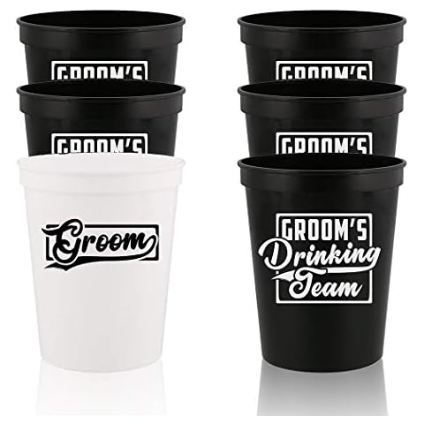 Veracco Groom and Groom's Drinking Team - Stadium Party Cup Decoration Funny Bachelor Party Wedding Favors Gift For Groom Groomsmans Proposal (White/Black, 6) Cover