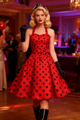 Topdress Women'sVintage Polka Audrey Dress 1950s Halter Retro Cocktail Dress