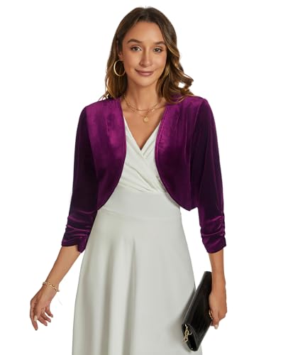 Image of Womens Velvet Bolero Shrug Elegant Open Front Ruched 3 /4 Sleeve Cocktail Party Cropped Cardigan
