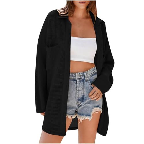 HGps8w Womens Oversized Waffle Knit Boyfriend Shirts Casual Lapel Collar Long Sleeve Button Down Blouse Tops with Pockets