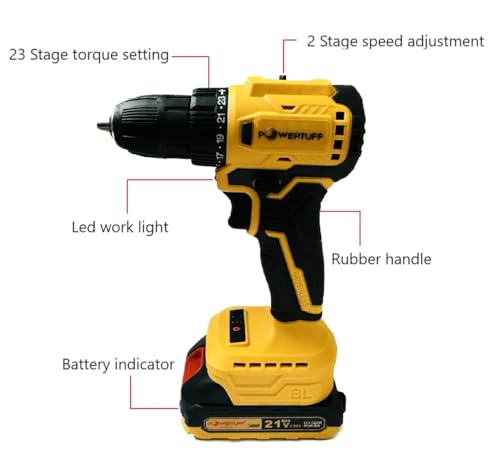 Image of POWERTUFF Brushless 21V Cordless Drill with 2 Batteries, 2 Variable Speed, Fast Charger, 3 /8'' Keyless Chuck And (2.Ah) 2 Lithium Power Batteries