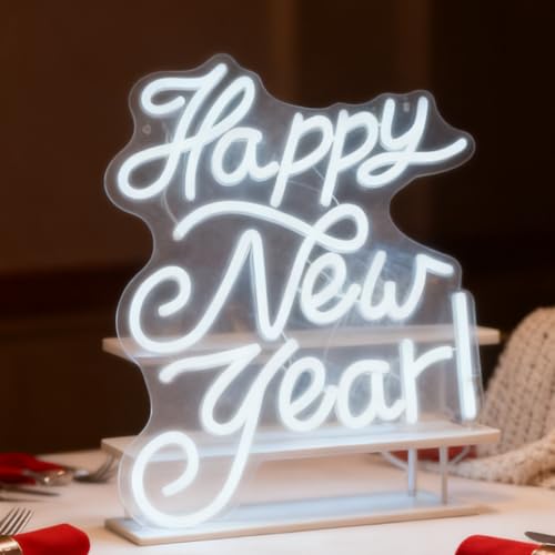 Happy New Year Neon Sign, White USB Powered Decorative Light New Year Holiday Theme Decor for Living Room Bedroom Party Home Wall Table Festive Celebration Light Up Letters Sign, 15.7 x 12.4 In