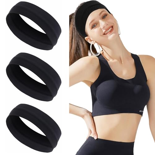 Lohill 3 Stück Haarband Schwarz, Damen Haarband Stirnband Sport, Elastisches Breites Haarband, Weiches Stoff-Stirnband, Fitness Sport Stirnbänder Haarband