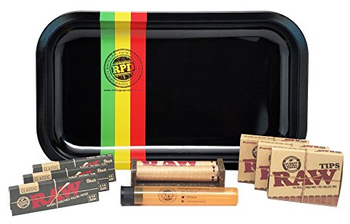 Bundle - 9 Items - Rolling Paper Depot Rolling Tray (Racer), RAW Black 1 1/4 Rolling Papers (3 Packs), RAW Pre Rolled Tips (3 Packs), RAW 79mm Roller with Rolling Paper Depot KewlTube