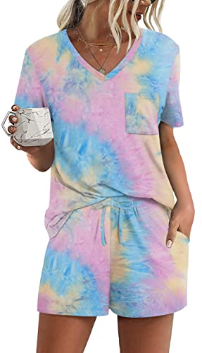 Image of RUBZOOF Women's Short Sleeve Pajama Sets with Pockets Casual V Neck 2 Piece Lounge Sets S-3XL
