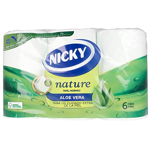 Nicky Nature Papel Higiénico, 6 Rollos, 3 Capas, 170 Servicios Por Rollo. Enriquecido Con Loción De Aloe Vera, color Blanco, 9,8 x 13cm
