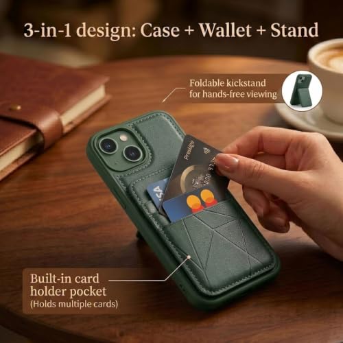Image of amazon basics Premium Vegan Leather Back Cover with Card Holder and Integrated Mobile Stand for iPhone 13 - Slim Shockproof Wallet Case with Geometric Stitching [Green]