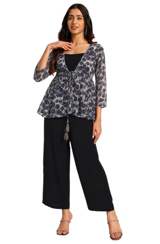 Image of Janasya Women's Solid Shoulder Strap Crop Top with Trouser & Chiffon Floral Printed Shrug