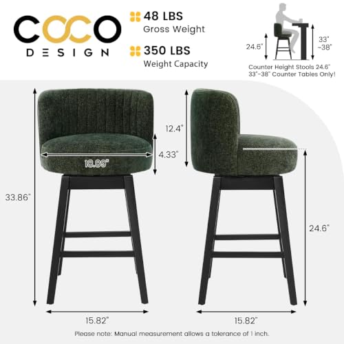 Image of COCO DESIGN 24 inch Green Swivel Counter Height Stools Set of 2 with Wood Legs