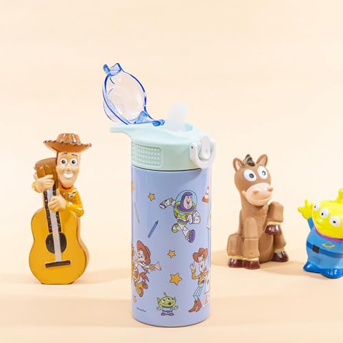 Image of Zak Designs Disney and Pixar Toy Story Sage Kids Water Bottle For School or Travel, 14oz Stainless Steel Water Bottle With Straw, Handle, and Leak-Proof, Pop-Up Spout Cover (Woody, Buzz & Friends)