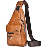 Hjkiopc Sacoche Homme Bandouliere Sac de Poitrine Sac business Sac de Loisir Sac a Dos PU Cuir Pochette Epaule Sac à Dos de Voyage pour Homme Femme (Marron Clair)
