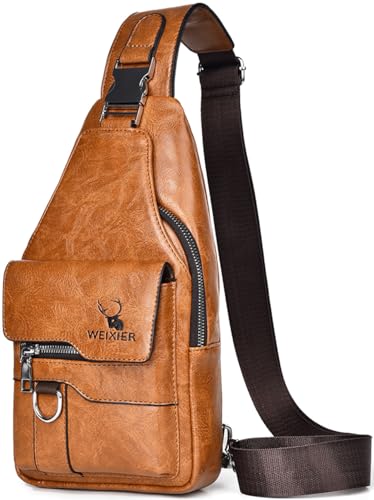 Hjkiopc Sling Tasche für Herren,Leder Brusttasche,Wasserdichte Schultertaschen,Lässige leichte Tasche,Handy,Crossbody Tasche für Wandern,Radfahren,Camping (Hellbraun)