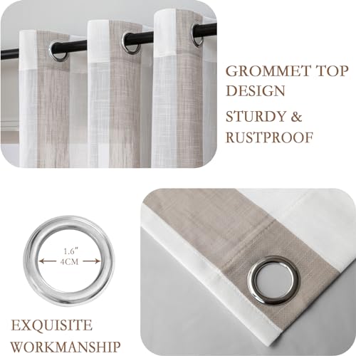 L.Z.E Short Curtains for Living Room Bedroom Windows Short Semi Sheer Curtains & Drapes 2 Panels Set Beige Taupe White Striped with Eyelet Linen Look 70 Inch Drop - Image 3