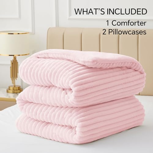 BEDELITE Fleece King Comforter Set -Super Soft & Warm Fluffy Cherry Blossom Bedding, Luxury Fuzzy Heavy Bed Set for Winter with 2 Pillow Cases
