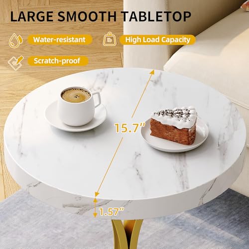 DWVO Round End Tables, Modern Gold Side Table with Metal Frame and Faux Marble Top, Small Accent Table Nightstand for Living Room, Bedroom, Faux Marble White